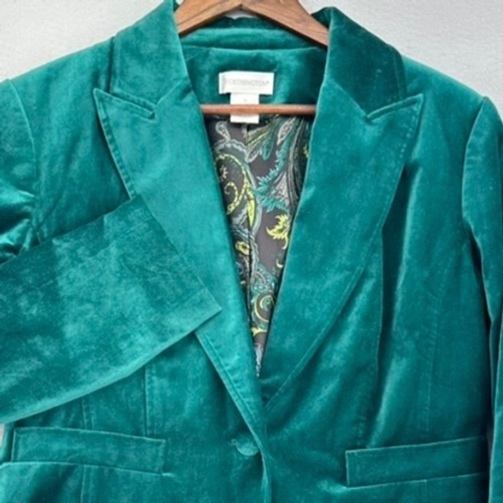 Worthington Velvet Blazer Jacket Emerald Green Paisley Single Button Womens‎ 14